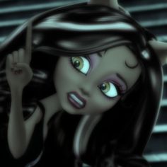 an animated image of a woman with long hair and green eyes holding her hand up