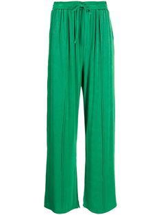 bright green stretch-design high-waisted elasticated drawstring waistband straight leg exposed-seam detailing Straight Trousers, Pants Straight, High Waisted Trousers, Drawstring Pants, Drawstring Waistband, Curator Style, Bright Green, Wide Leg Trousers, Straight Leg Pants