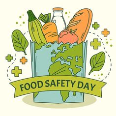 food safety day with an earth globe and vegetables in a bag on the side, surrounded by green leaves