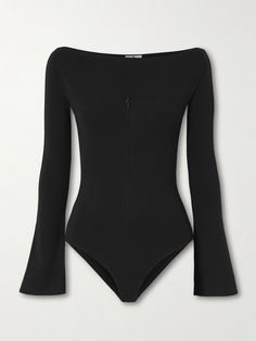 Courrèges bodysuit has a discreet two-way zipper at the center, so you can create your own customized cutout. It's made from slightly stretchy jersey and has an off-the-shoulder neckline and flared sleeves. Dior Bodysuit, Body Suits, Grey Bodysuit, Goth Style, Career Woman, Cotton Bodysuit, Clothes Collection, Black Bodysuit, Goth Fashion