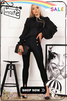 Black Buttons Skinny Pants with Slits Chic High-waisted Leggings For Office, Black Leggings For Workwear, Black High-waisted Leggings For Work, Black Button, Bottoms Pants, Pants, Black, Trousers