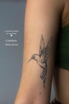 a small hummingbird tattoo on the right side of the left arm, with words above it