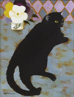 a painting of a black cat sitting on its hind legs with flowers in the background