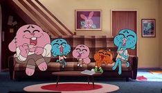 cartoon characters sitting on a couch in a living room