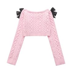 Style: Sexy Fit: Regular Fabric: Jersey Pattern: Solid Element: Bow Top Length: Crop Neckline: Off Shoulder Sleeve Type: Regular Sleeve Length: Long Sleeve Main Composition: Polyester Season: Fall/Winter Knit Sweater Pink, Short Pullover, Soft Twist, Flare Sleeve Sweater, Loose Pullover Sweater, Jersey Pattern, Knot Bow, Top With Bow, Bow Sweater