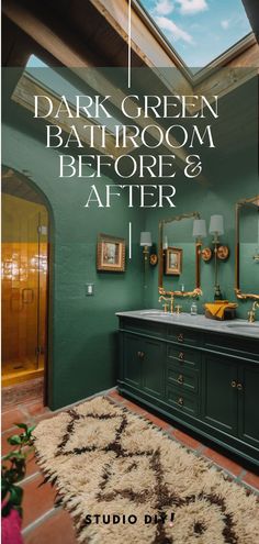 a bathroom with green walls and an area rug