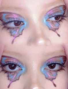 Funky Eyeshadow, Funky Makeup Creative, Y2k Girl Aesthetic, Silly Makeup, Y2k Eyeshadow, Butterfly Eye Makeup, Butterfly Eyeshadow, Butterfly Eyeliner, Harajuku Makeup