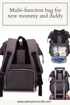 an image of a backpack with the words multi - function bag for new mommy and daddy