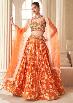 Orange Printed And Embroidered Lehenga Set by Taavare available on Indiaspopup.com Choli Pattern, Pleated Lehenga, Lehenga For Girls, Heavy Lehenga, Orange Lehenga, Red Lehenga Choli, Mirror Work Lehenga, Black Lehenga, Georgette Lehenga