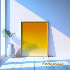 an empty room with a yellow door and potted plant on the floor in front of it