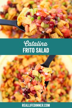 a spoon full of pasta salad on top of a white plate with the words catalina frito salad above it