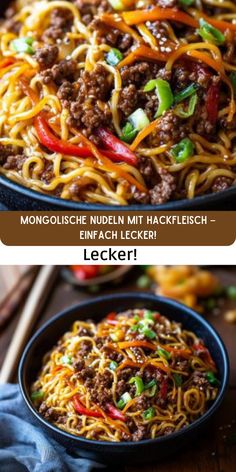 two pictures of spaghetti with meat and vegetables