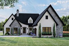 Modern Cottage Style Exterior, Single Story Tudor House Plans, Brick And Stone Exterior Combinations Modern, Small Luxury House Plans, One Story Exterior Design, Modern Cottage Style Homes, Cottage Style Homes Plans, Modern Cottage Floor Plans, Modern Rustic Home Exterior