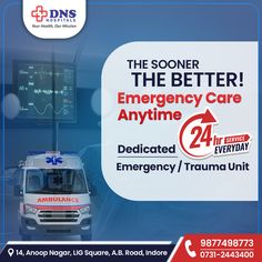 When it comes to medical emergencies, time is of the essence. We offer 24/7 emergency care at DNS Hospital. Our dedicated emergency and trauma unit is here to provide prompt and expert care, no matter the time of day. Don't hesitate to seek help - the sooner you come in, the better we can help you. Contact us today for emergency medical assistance!Consult now our orthopedic expert. #fitness #fitnessmotivation #fitnessinspiration #fitnessworkouts #fitnessdiet #health #indore Dental Advertising, Time Is Of The Essence, Emergency Care, Medical Design, Best Hospitals, Graphic Design Packaging