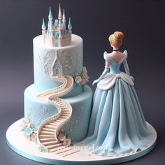 there is a cake that looks like a princess and the castle on top has stairs going up to it