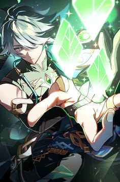 an anime character with white hair and green eyes holding a glowing object in her hand