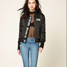 Adorable French Au Revoir Bomber Jacket Size Large Never Worn Spring Outerwear With Letter Print, Edgy Letter Print Outerwear For Winter, Edgy Spring Outerwear From Forever 21, Forever 21 Fall Streetwear Outerwear, Sporty Spring Outerwear From Forever 21, Bomber Jackets, Forever 21, Bomber Jacket, Jackets & Coats