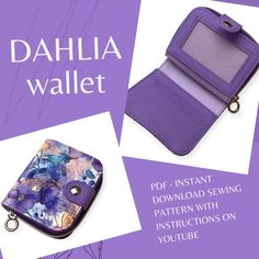 an image of a purple wallet with the words dahlia wallet on it's side