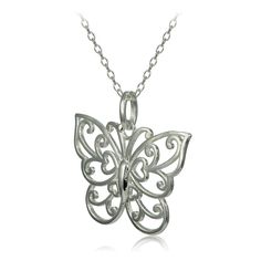 This cute necklace features an open filigree butterfly pattern. Crafted of fine sterling silver and dangles off an 16 inch with 3 inch extension and secures with spring ring clasps. Product Details Metal Type sterling-silver Metal Stamp 925-sterling Weight 2.5GR Length 20MM Width 24MM Clasp Type spring-ring Chain Type rolo Chain Length 18 Silver Filigree Butterfly Jewelry, Delicate Sterling Silver Butterfly Necklace, Delicate Silver Sterling Silver Butterfly Necklace, Silver Butterfly Filigree Jewelry, Elegant Sterling Silver Necklace With Butterfly Charm, Elegant Silver Butterfly Charm Necklace, Delicate Sterling Silver Filigree Necklaces, Delicate Sterling Silver Filigree Necklace, Dainty Silver Filigree Necklace