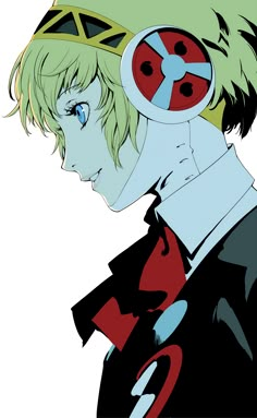 an anime character with green hair wearing a red and black shirt, blue eyes and head band