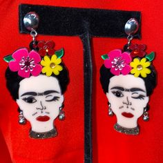 Multi Colored Acrylic Earrings Of Artist Frida Kahlo Frida Earrings, Frida Kahlo Earrings, Acrylic Earrings, Women Jewelry, Red, Women Shopping, Color