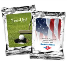 two bags of golf balls with the words tee - up and an american flag on them