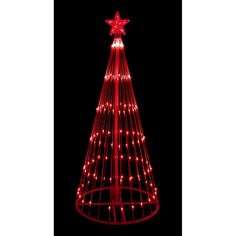 a lighted christmas tree with red lights on it's sides and a star at the top