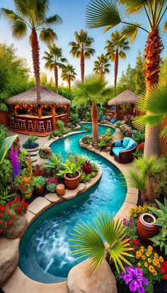 an outdoor swimming pool surrounded by palm trees and flowers in the foreground is a tiki hut with thatched roof