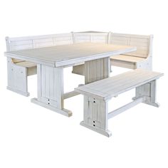 a white table and bench with benches on each side, set against a white background