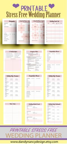 the printable wedding planner is shown in pink and yellow, with hearts on it