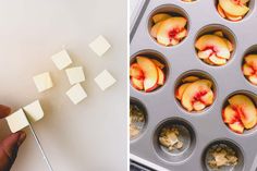 a person holding a spatula over some food in a muffin tin and another pan filled with fresh peaches