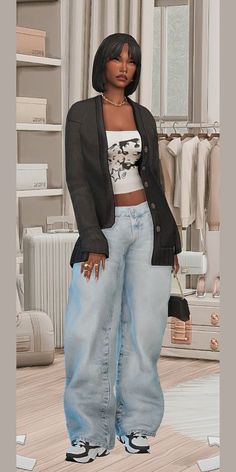 a woman standing in front of a closet full of clothes