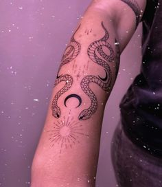 Tattoo Snakes And Moon Tattoo, Mirrored Snake Tattoo, Snake And Diamond Tattoo, Snake And Moon Spine Tattoo, Double Snake Tattoo Back, Diamond Snake Tattoo, Artsy Snake Tattoo, Double Snake Tattoo Design, Dual Snake Tattoo