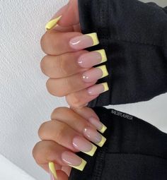 French tip yellow nails nails acrylic long French Nails Colored Coffin, Short Square Aesthetic Nails, Short Square Nail Inspiration, Gel X Nail Simple Designs, Classy Yellow Nails, Nail Inspo Trendy French Tip, Tulum Nail Ideas, Summer French Tip Acrylic Nails, Summer Nails Square Medium