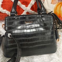 New Dkny Sm Satchel Crossbody Purse Black Crocodile Print Dkny Paige Satchel, Dkny Bags, Dkny Bag, Black Crossbody Purse, Crocodile Print, Croc Leather, Purse Black, Crossbody Wallet, Black Leather Bags