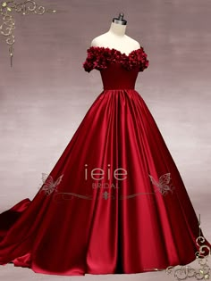 Dark Red Off the Shoulder Ball Gown Wedding Dress with Roses MURINA Red And White Princess Dress, Red Rose Gown, Red Ball Gown Elegant, Red Gowns Elegant, Wedding Dress With Roses, Opera Gown, Red Ballgown, Lace Up Corset Back, Dress With Roses