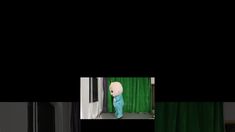 a collage of photos with green curtains and a white teddy bear in blue overalls