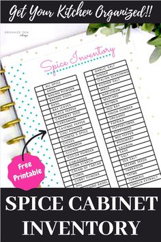 the space cabinet inventory book with text overlay that reads, get your kitchen organized spice cabinet inventory