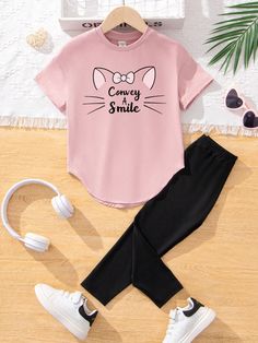 Young Girl Casual Cartoon Pattern Short Sleeve T-Shirt And Long Pants 2pcs/Set, Suitable For Spring And Autumn Pink Casual  Short Sleeve Knitted Fabric Animal,Cartoon,Letter,Slogan  Slight Stretch  Young Girls Clothing, size features are:Bust: ,Length: ,Sleeve Length: Animal Cartoon, Cartoon Pattern, Kids Beachwear, Spring And Autumn, Casual Girl, Patterned Shorts, Girls Clothing, Long Pants, All Fashion