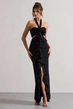 Powerful | Black Cut-Out Halter-Neck Maxi Dress With Flower & Ruffles Halter Off Shoulder Dress, Halter Long Dress, Sleek Bun, Halter Neck Maxi Dress, Leg Split, Flower Corsage, Natural Curves, Invisible Zip, Halterneck Dress