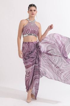 Dusky lilac georgette padded blouse with beads and sequins hand embroidery. Comes with a marble printed draped dhoti skirt. - Aza Fashions Purple Georgette Dress With Sequins, Purple Sequined Georgette Dress, Embellished Georgette Skirt For Party, Blouse With Beads, Dhoti Skirt, Hand Embroidered Blouse, Padded Blouse, Draped Skirt, Marble Print