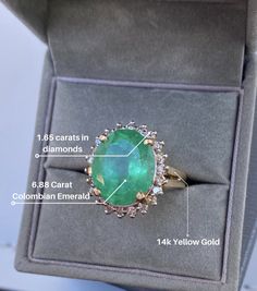 "Pacific Jewelry Key West Presents, Authentic in its aesthetic, this vintage Colombian Emerald ring is truly of 1980's origin. Oval cut Emeralds of this size are not common, as cutting oval shaped Emeralds isn't an optimal cut to yield the highest carat weight from rough to polished stone. Center stone weighs 6.88 carats and is surrounded by a total of 23 round brilliant cut natural diamonds of 1.65 carats, all mounted in a unique royal crown setting. Certificate of authenticity can be provided Colombian Emerald Ring, Diamond Ring Vintage, Emerald Ring Vintage, Natural Emerald Rings, Emerald And Diamond Ring, Colombian Emeralds, Square Earrings Studs, Square Stud, Emerald Earrings