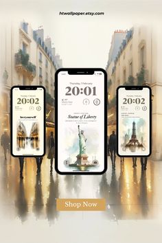 three smartphones displaying the new year's calendar in front of an image of the statue of liberty