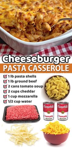 an advertisement for cheeseburger pasta casserole with instructions to make it in the oven