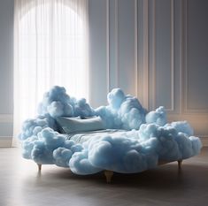 a bed made out of clouds in a room