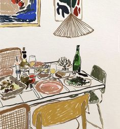 a drawing of a dining room table with food and wine on it, in front of two paintings