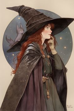 a woman in a witches hat and cloak with a bird on her shoulder, looking up at the sky