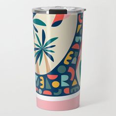 a colorful travel mug with an abstract design on it's front and side sides