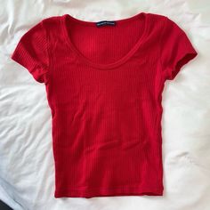 Brandy Melville Top! One Size (Xs/Small) Brand New Without Tags Red Ribbed Casual Top, Casual Red Ribbed Top, Fitted Ribbed Red Tops, Red Fitted Scoop Neck Top, Red Casual Scoop Neck Top, Casual Red Scoop Neck Top, Brandy Melville Mayson Top, Red Ribbed V-neck Top, Brandy Melville Number Tee