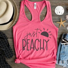 "This \"Just Beachy\" tank top would be perfect to wear on your next beach vacation! It would make a great gift as well. .: Slim-fit tank top .: 60% combed ringspun cotton, 40% polyester .: Extra light fabric (3.9 oz/yd² (132 g/m .: Tear away label .: Runs smaller than usual These tank tops run small/form fitting. The best way to find your size: lay your favorite tank flat and measure across chest + from shoulders to bottom hem. Compare measurements to our size chart in photos. Care Instructions: .: Wash inside out in cold water on gentle cycle. Tumble dry on low or hang to dry. .: Processing time for your order is approximately 2-5 business days. Shipping time is approximately 3-5 days, meaning you should receive your order within 8-10 days. Every effort is made to get your order to you a Funny Beach, Womens Tank Tops, Beach Tanks Tops, Look Retro, Purple Tank, Summer Tank, Summer Tank Tops, Running Tops, Workout Tank Tops